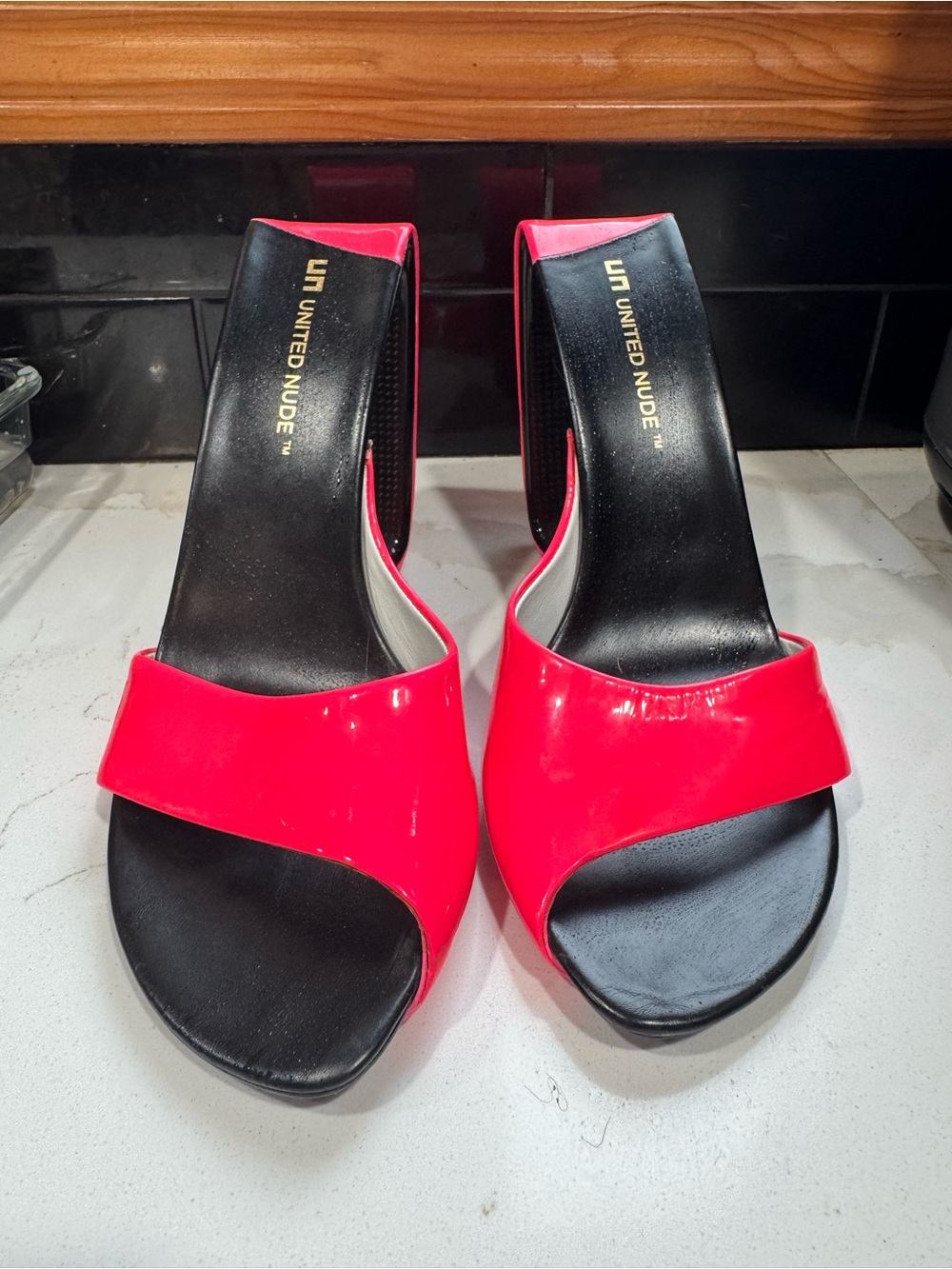 United Nude Neon Pink Patent Slide Mules